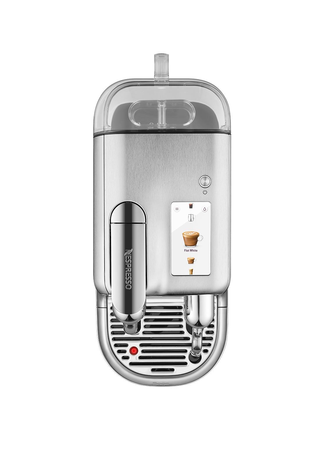 Silberne Nespresso-Kaffeemaschine mit Touchscreen und rotem Licht.