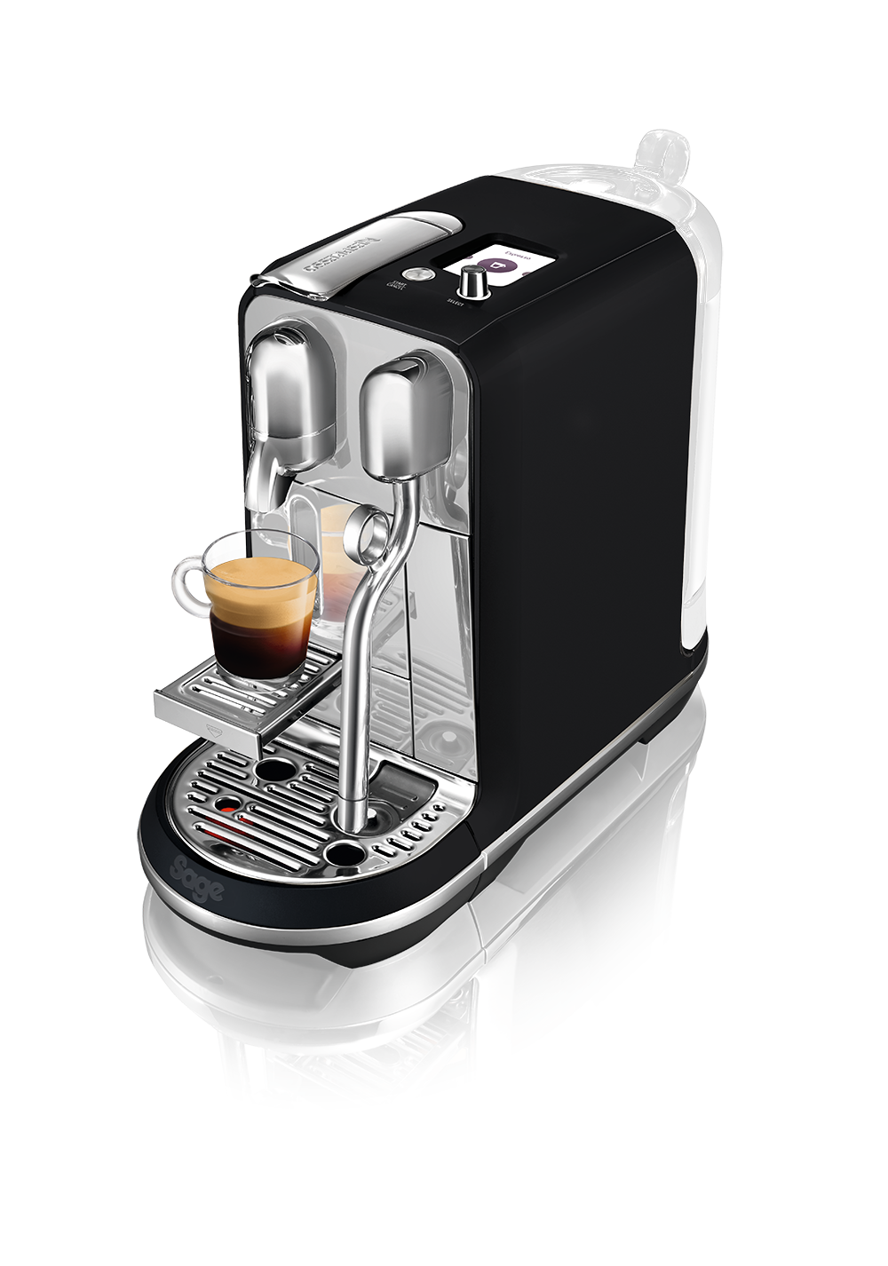 Schwarze und silberne Espressomaschine mit Kaffeetasse, mit Markennamen, Wasserbehälter und Display.