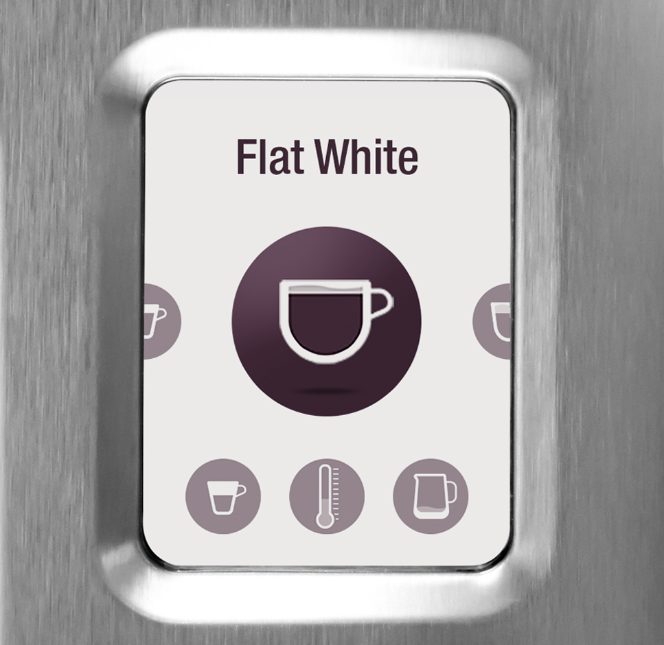 Eine Kaffeemaschinentaste mit der Aufschrift 'Flat White', die ein Tassensymbol mit dunkellila Füllung zeigt.