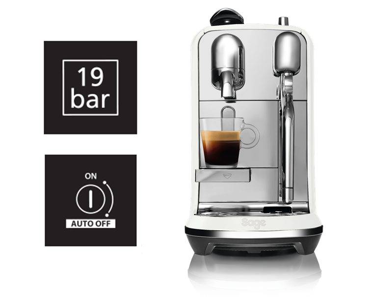 Weiße Sage-Kaffeemaschine mit einem Glas Kaffee und zugehörigen Symbolen.