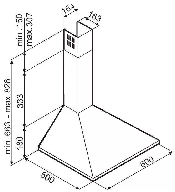 Páraelvezető diagramja méretekkel milliméterben.