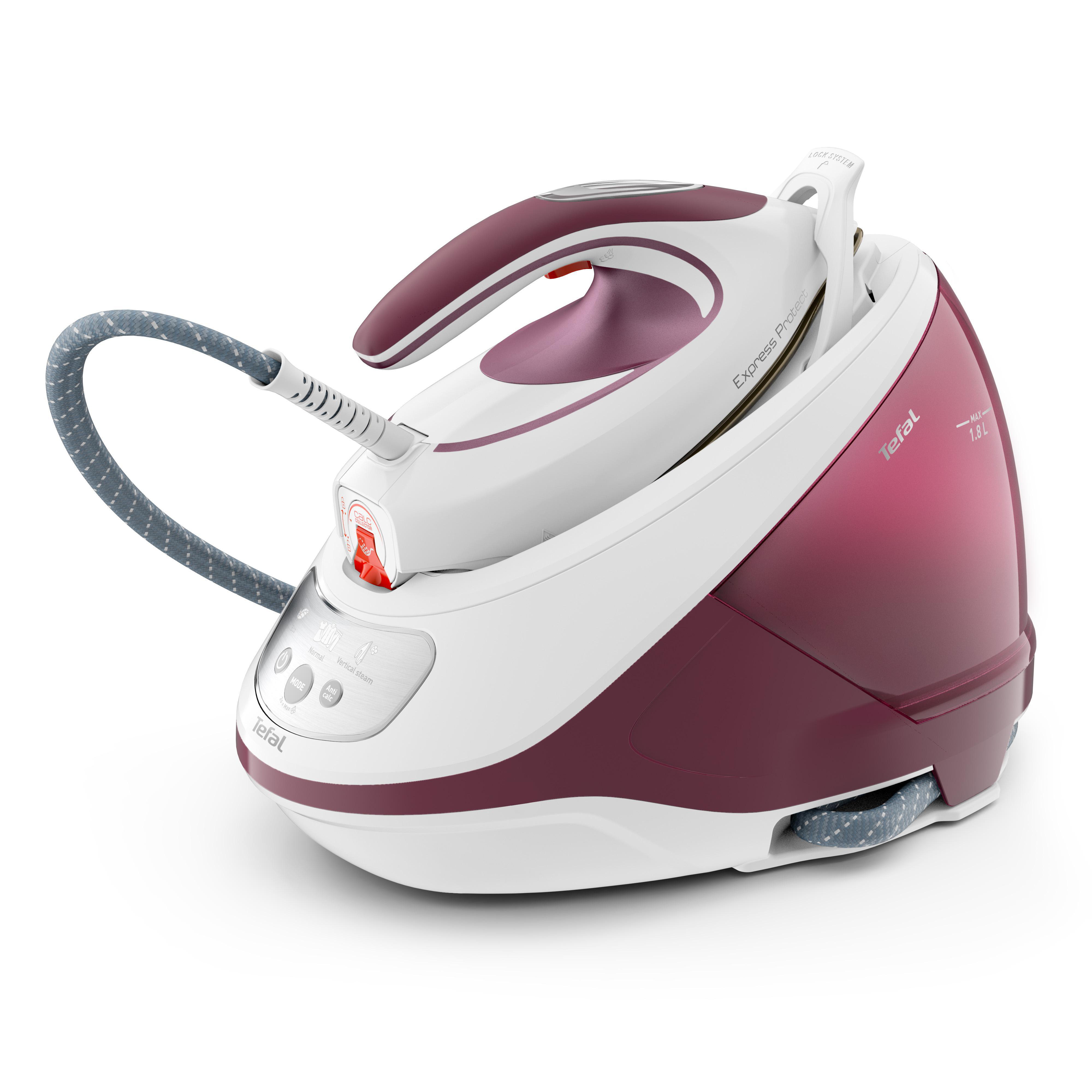 Weißes und kastanienrotes Tefal Express Protect Bügeleisen mit grauem Schlauch und Knöpfen.