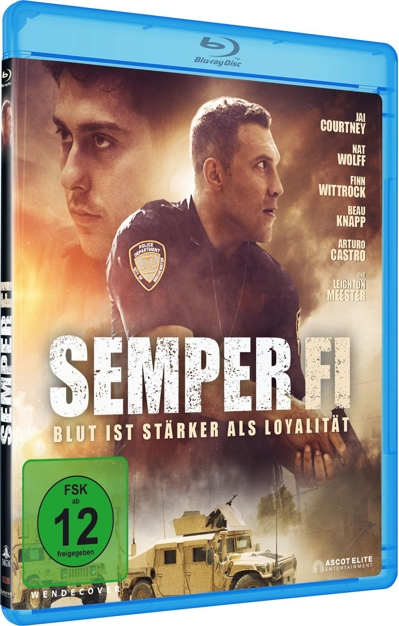 Blu-ray-Cover, Film 'Semper Fi', Gesichter von zwei Männern, Militärfahrzeuge und ein 12-Jahre-Label.