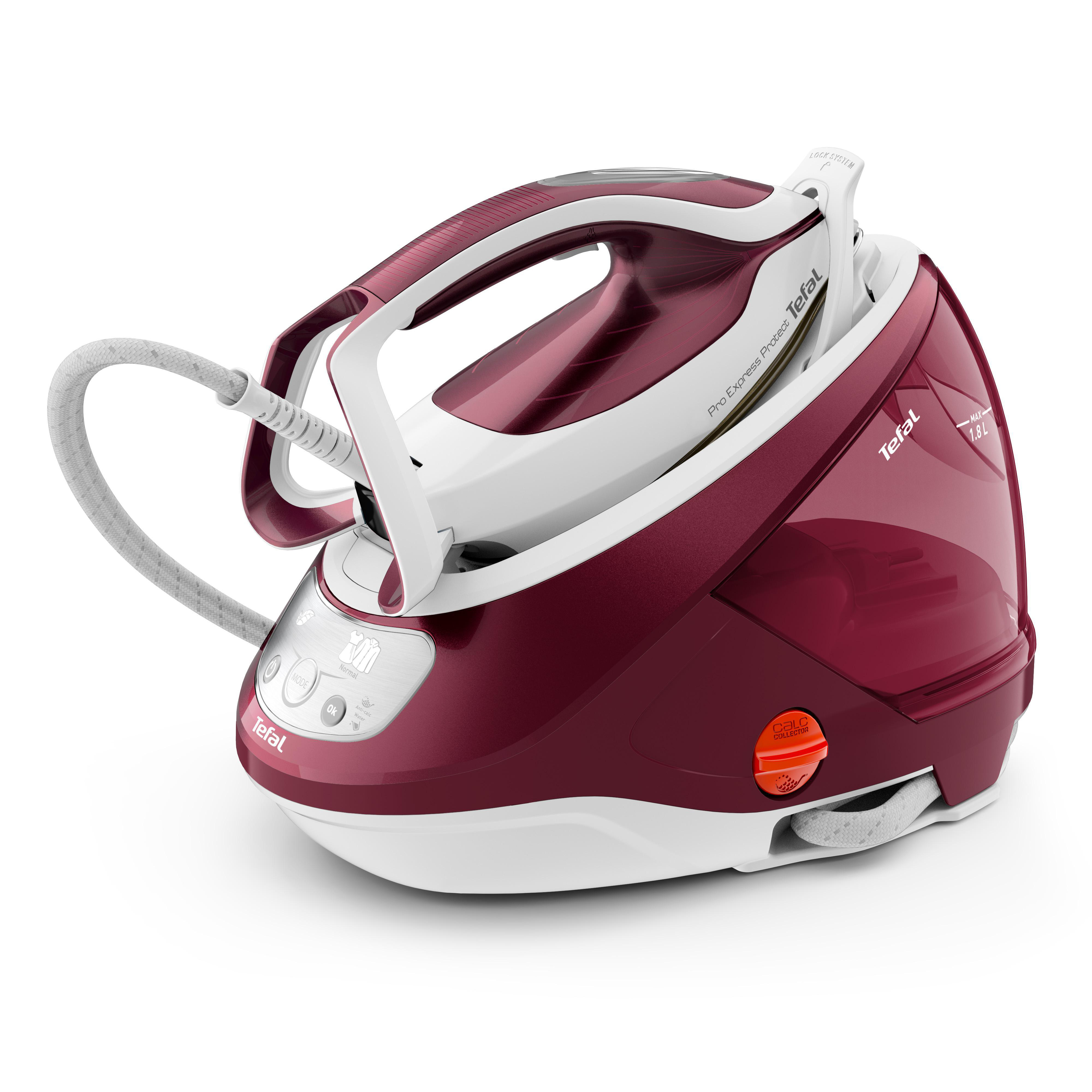 Rotes und weißes Tefal Pro Express Protect Bügeleisen mit Dampfgenerator.