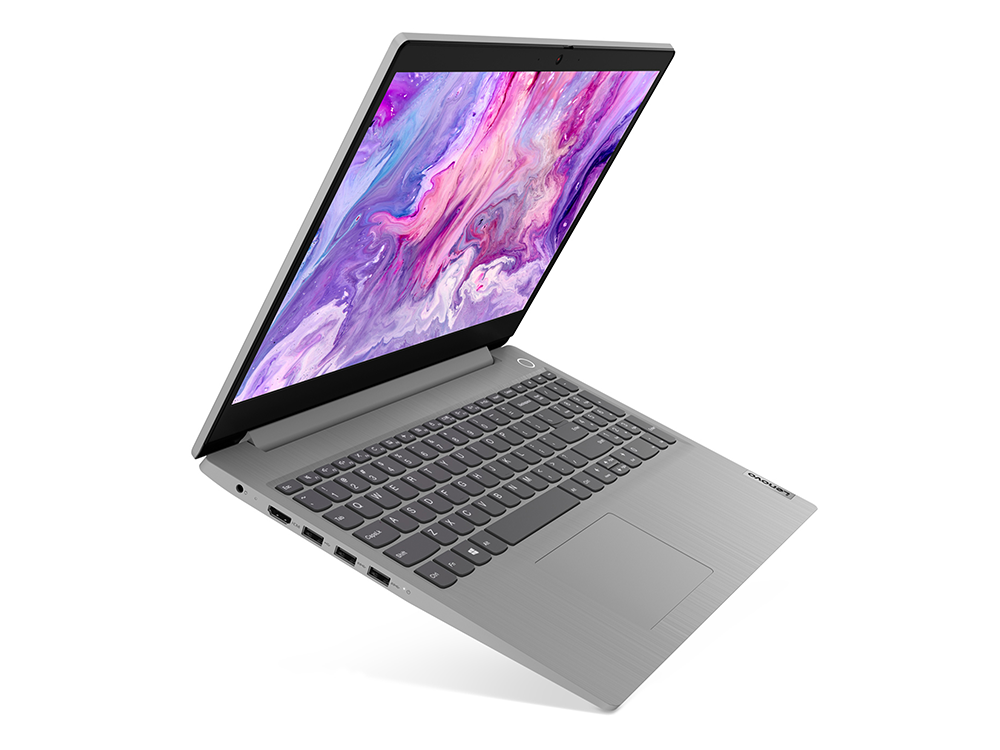 Portátil Lenovo gris con pantalla colorida. La pantalla está abierta.