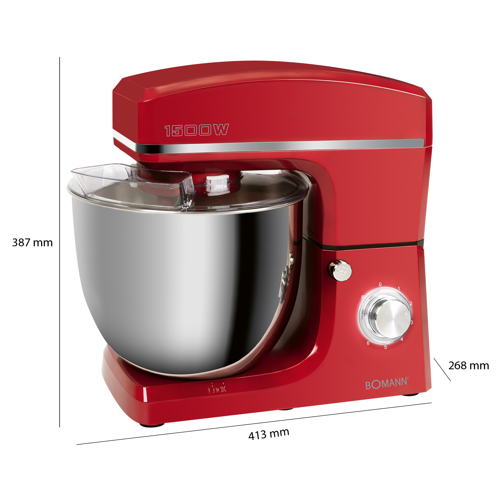 Ein roter Küchenmixer mit Edelstahlschüssel und 1500W Leistung.