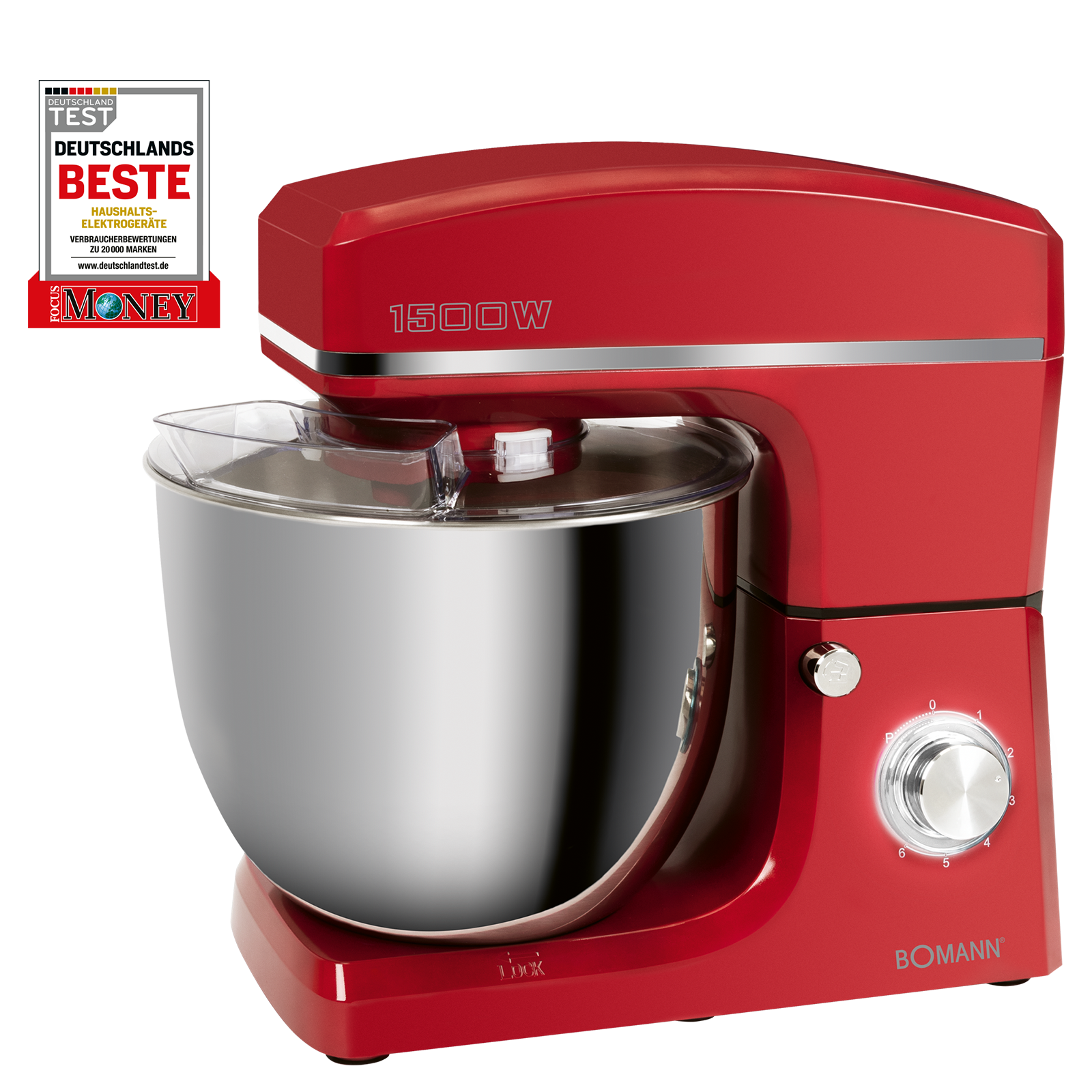 Roter Küchenmixer mit 1500W Leistung und Edelstahlschüssel.