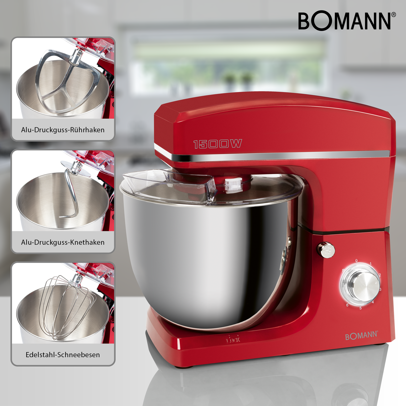 Roter Bomann Küchenmixer mit drei Aufsätzen: Schneebesen, Knethaken und Rührbesen.