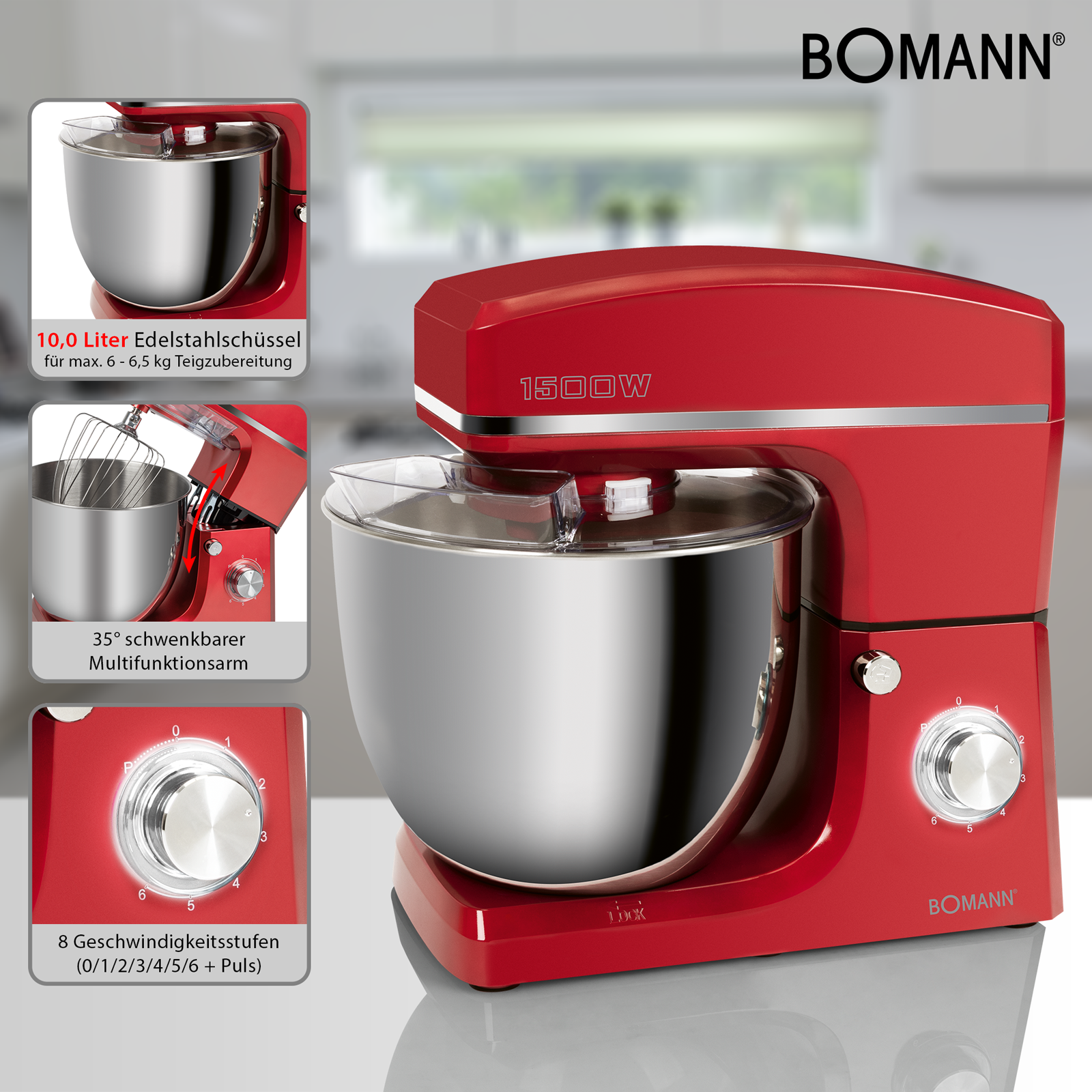 Roter Küchenmixer mit 10L Edelstahlschüssel, 1500W, 8 Geschwindigkeiten.
