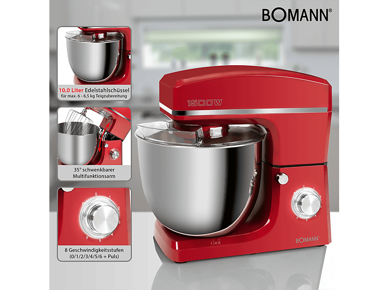 Bomann KM 6036CB Küchenmaschine Rot (Rührschüsselkapazität: 10 l, 1500 Watt) — Foto 5 von 5