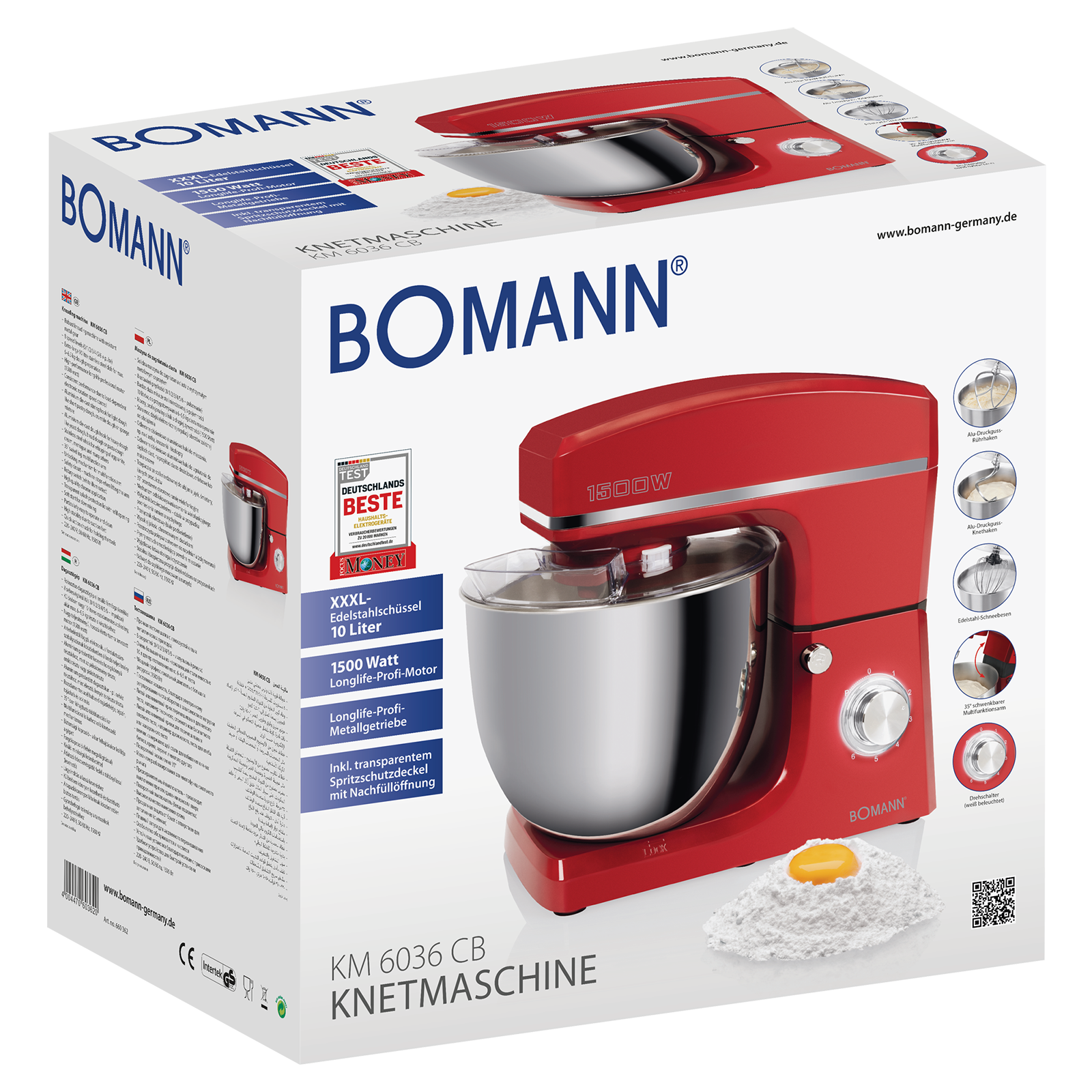 Rote Küchenmaschine mit Edelstahlschüssel, 1500 Watt, auf Kartonverpackung