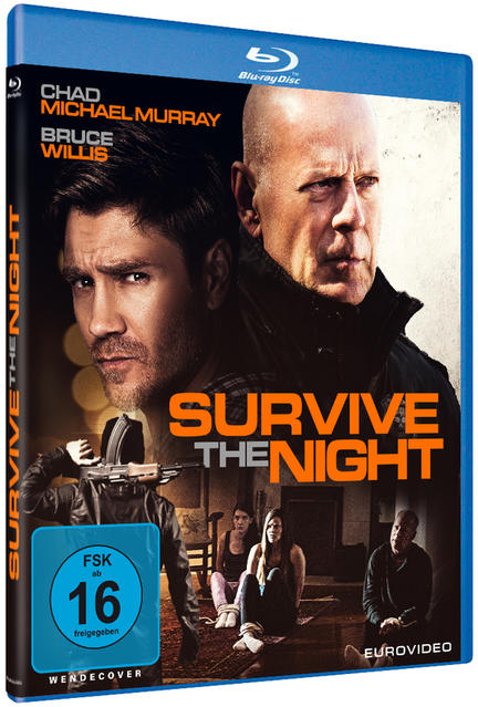 Blu-ray-Hülle. Bild eines Mannes mit Waffe und Bruce Willis. Titel: Survive the Night.