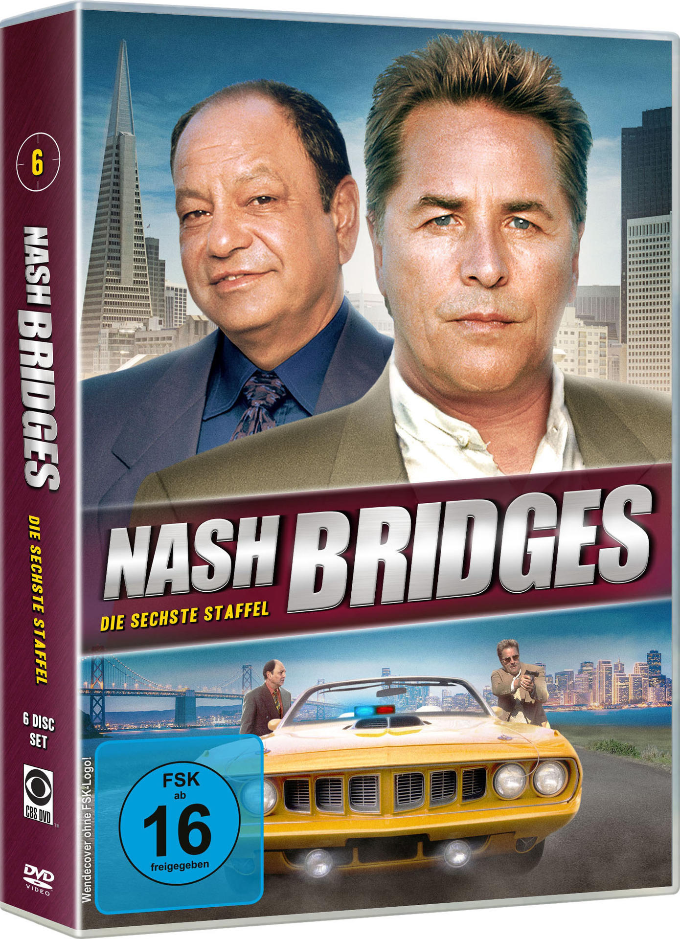 DVD-Cover. Zwei Männer in Anzügen, der Titel ist Nash Bridges. Ein gelbes Auto mit zwei Männern darin.