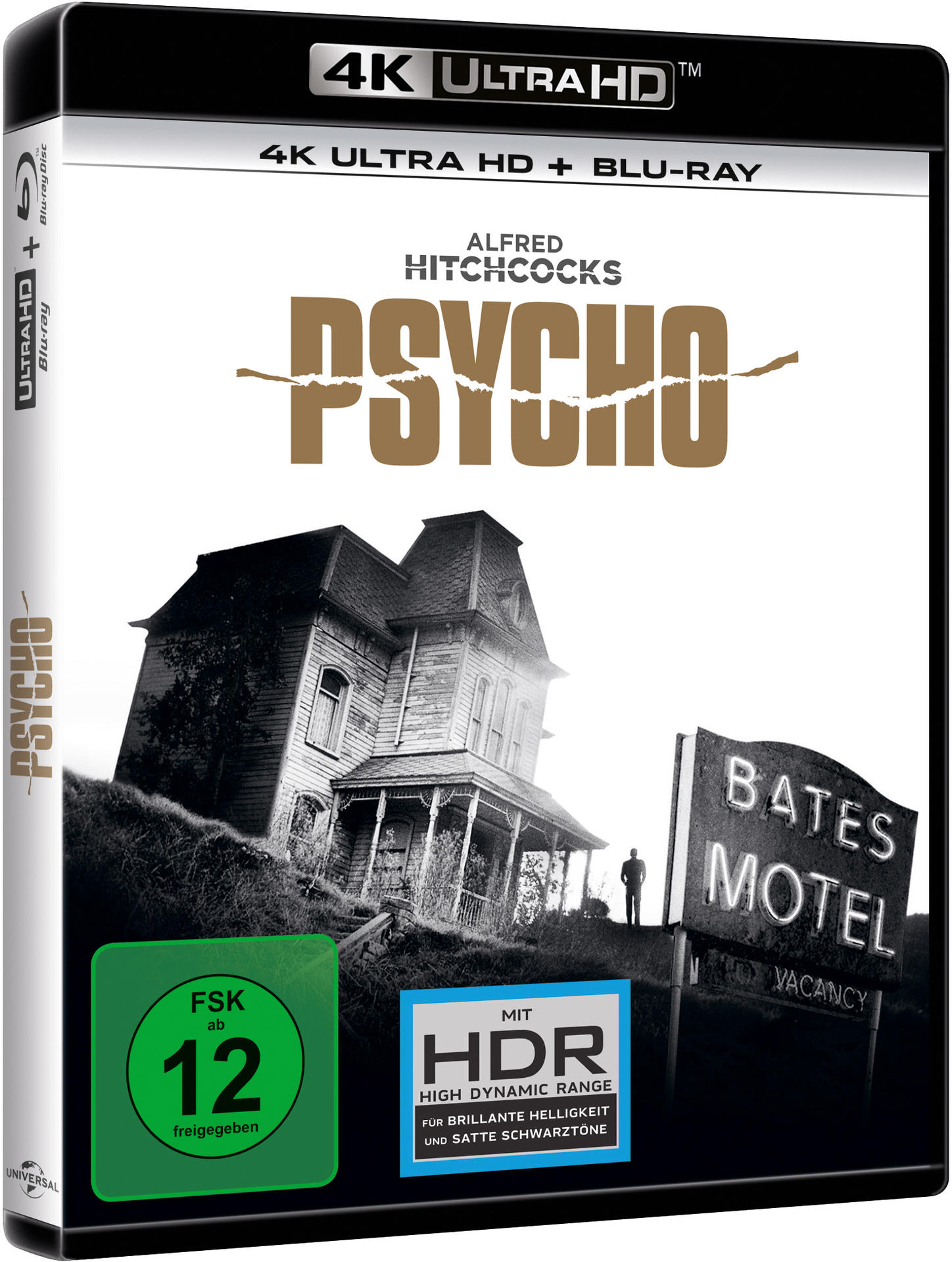 Blu-ray-Hülle des Films 'Psycho' mit einer Szene eines Hauses und eines Schildes.