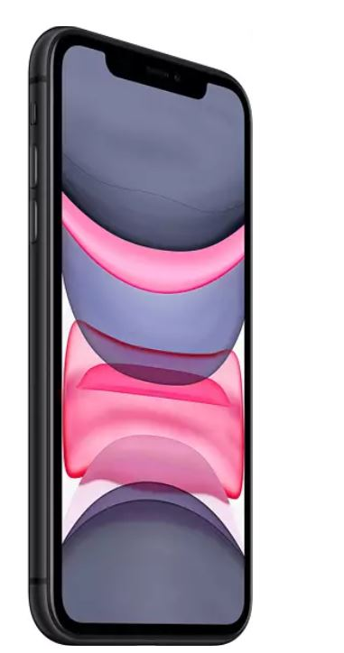 Beyaz bir arka plan üzerinde yandan görülen büyük ekranlı siyah bir iPhone.