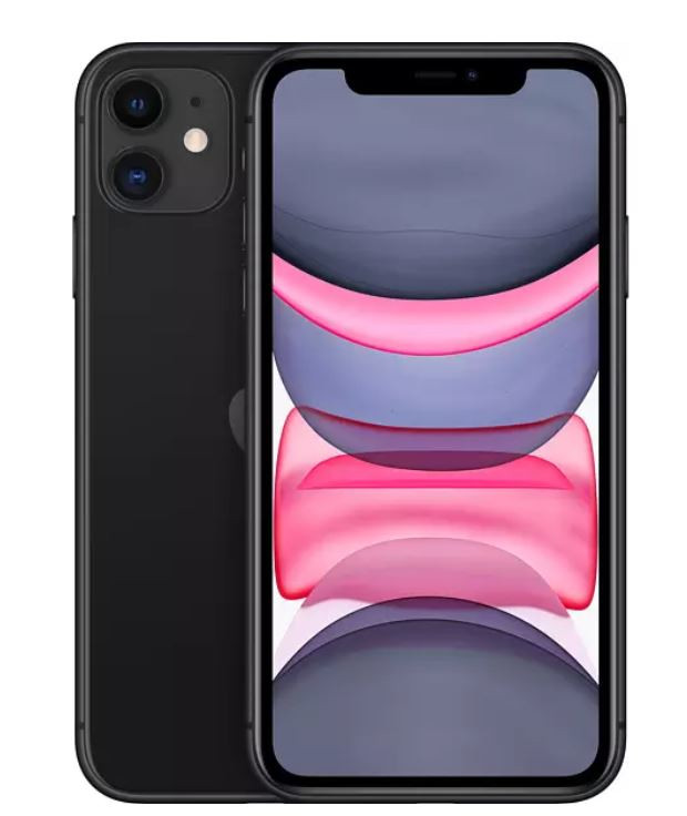 İki arka kamerası olan siyah iPhone 11. Ekran, renkli, soyut bir arka plan görüntülüyor.