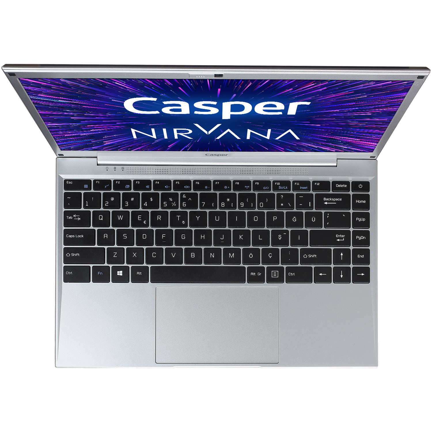 Ekranı açık, 'Casper Nirvana' kelimesini gösteren gümüş bir dizüstü bilgisayar.