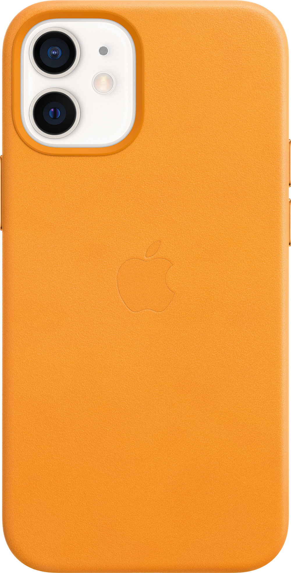 Een oranje lederen iPhone-hoesje. Bovenop de camera, flitser en een microfoon. Het Apple-logo is op de achterkant in reliëf.