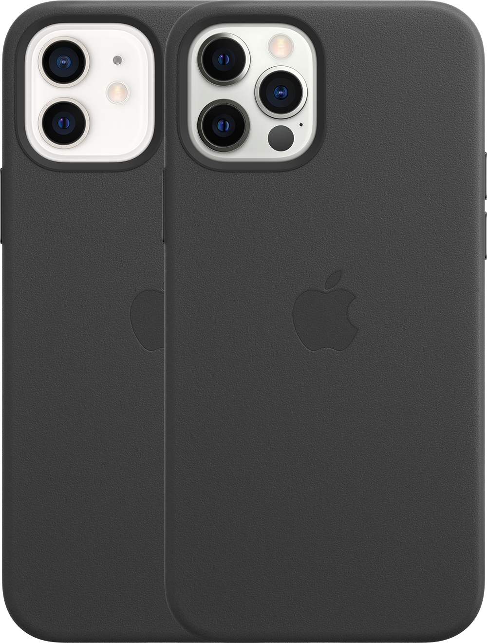 Twee zwarte iPhone-hoesjes. Apple-logo in reliëf. Leren textuur. Camera-uitsparingen zichtbaar.
