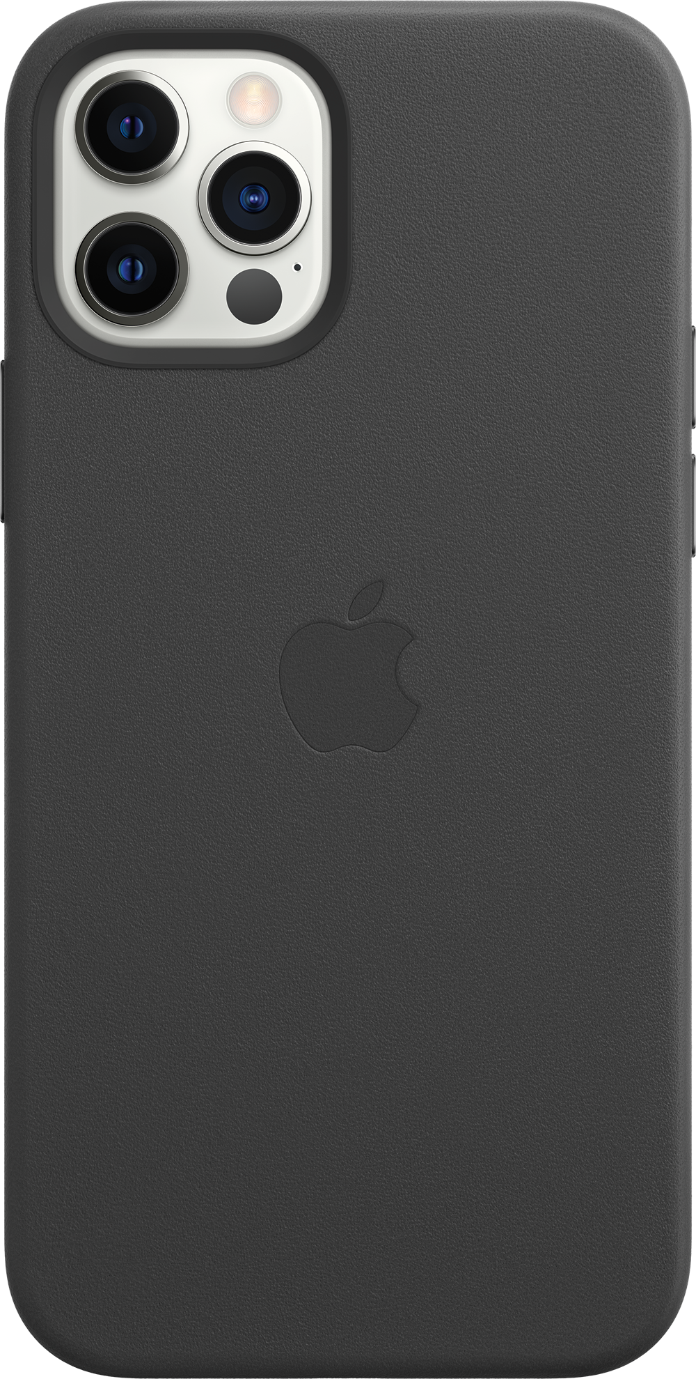 Een donkergrijze iPhone-hoes met het Apple-logo. De cameralenzen zijn zichtbaar. De hoes is glad.