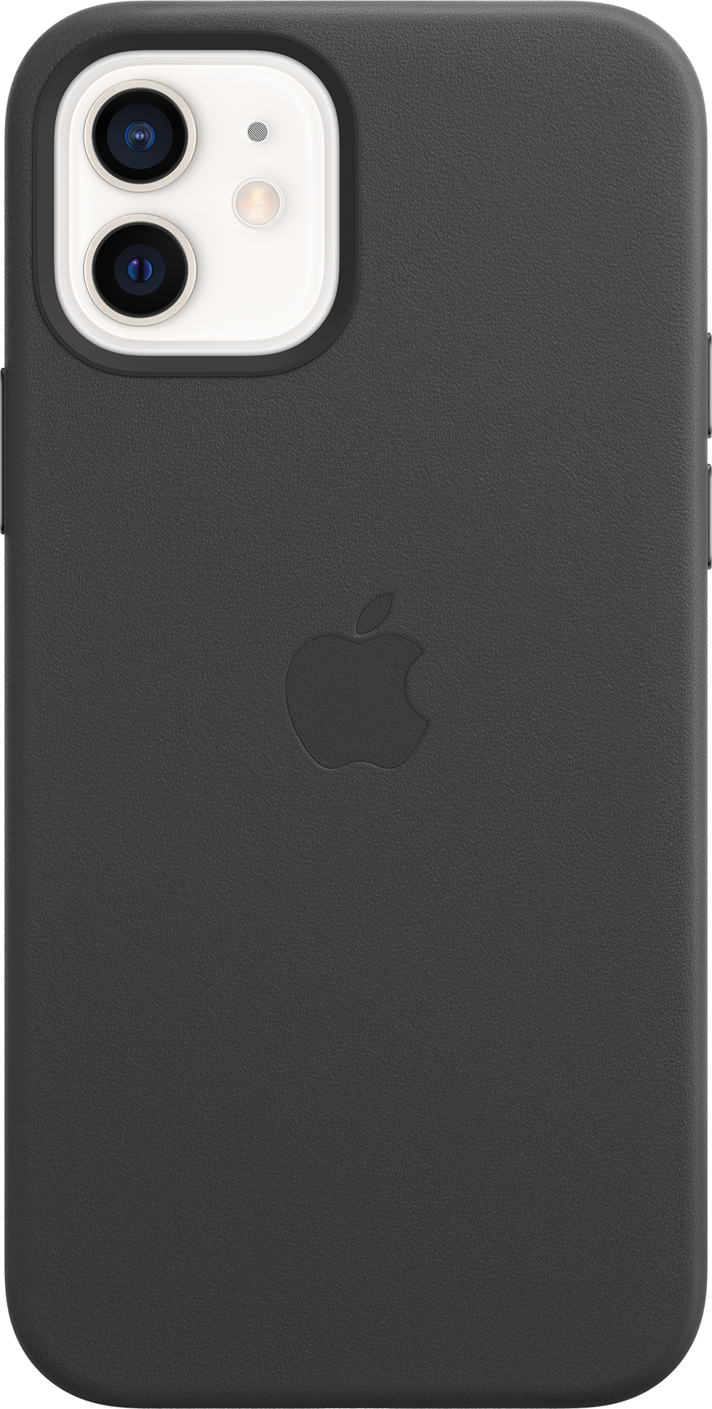 Zwarte iPhone-hoes. Apple-logo in het midden. De hoes is eenvoudig en strak.