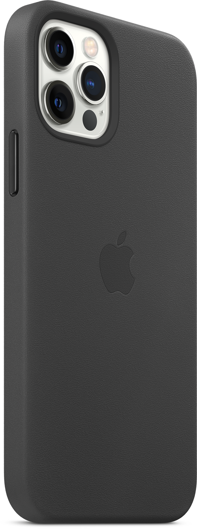 Zwarte leren telefoonhoes met Apple logo, zijaanzicht, camera zichtbaar.