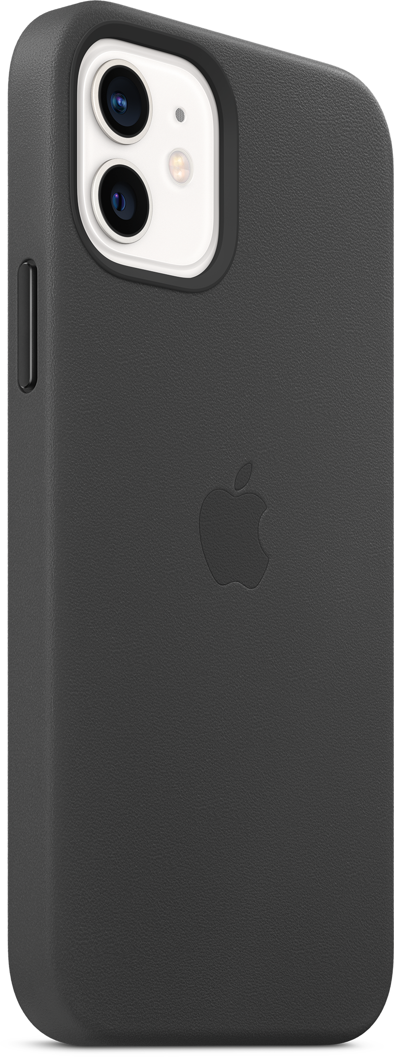 Een zwarte iPhone-hoes met het Apple-logo. De telefoon is van de kijker afgekeerd.