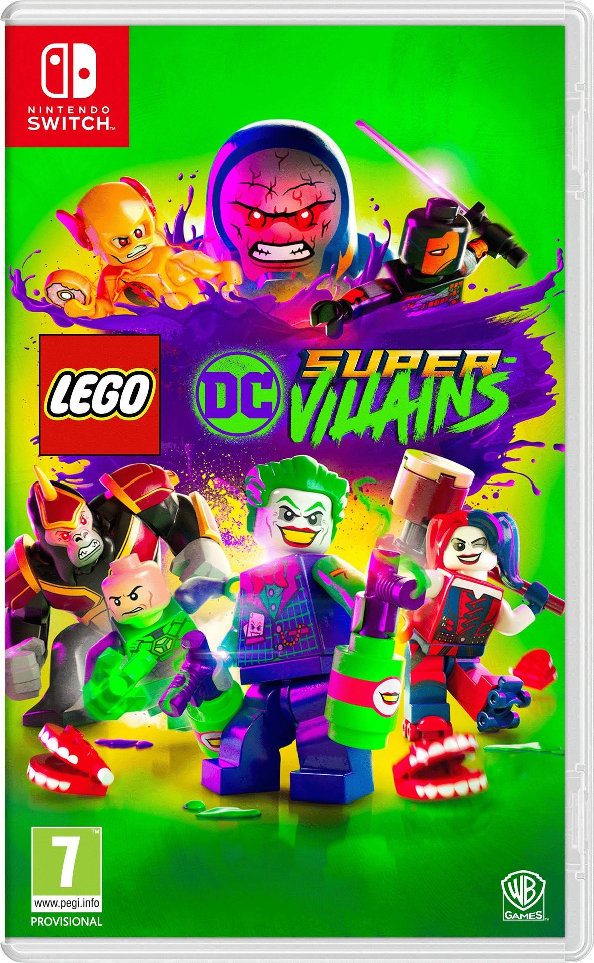 Lego Super Villains játékdoboz Lego karakterekkel, DC logóval és Nintendo Switch márkajelzéssel.