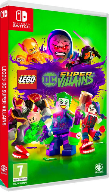 Egy Nintendo Switch játékdoboz a LEGO DC Super-Villains-hez, különböző Lego karakterekkel.