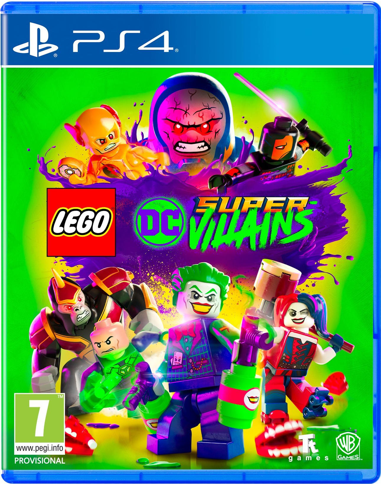 PS4 játékborító Lego DC Super-Villains-szel, karakterekkel és zöld háttérrel.