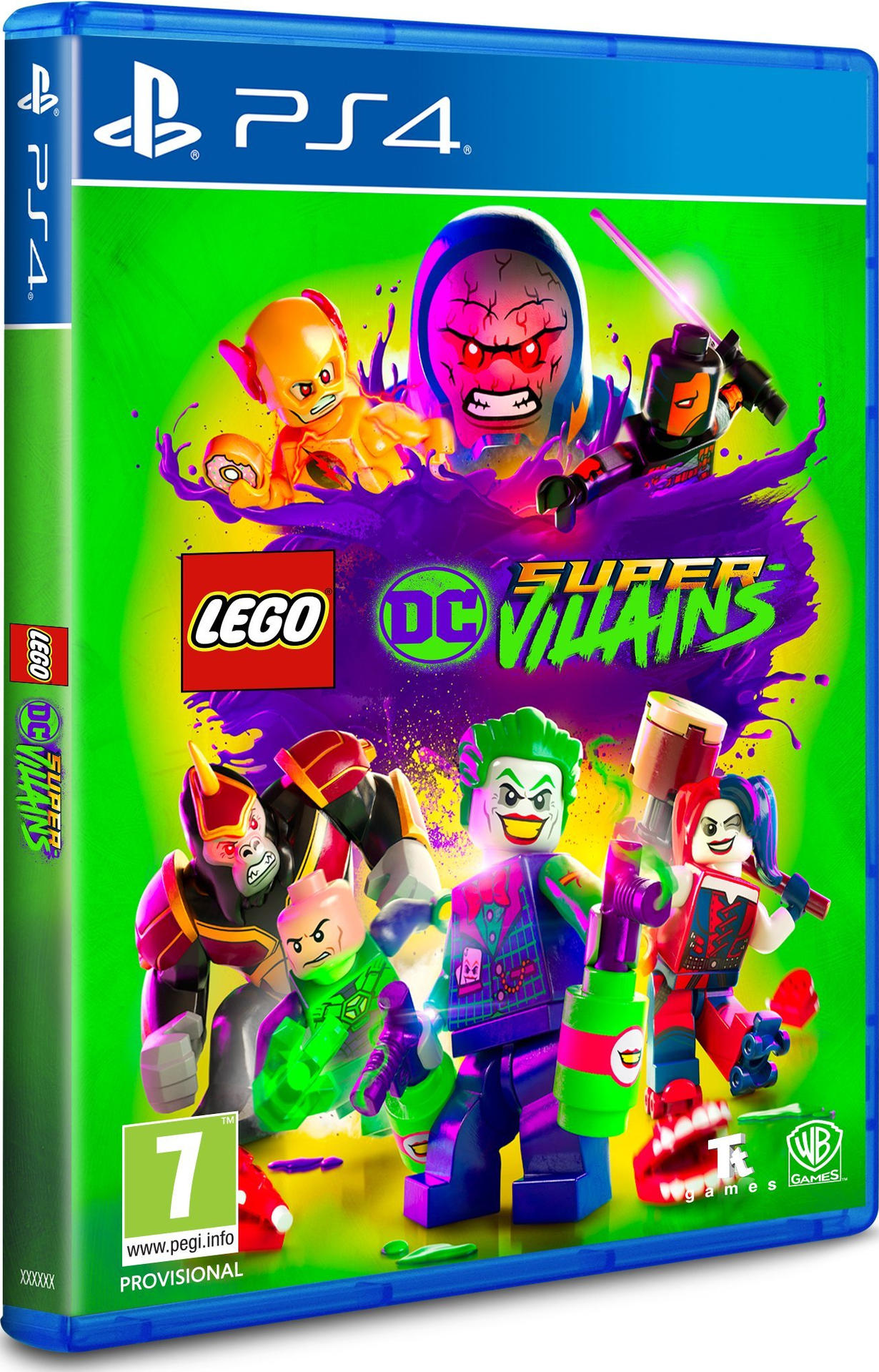 PS4 játék doboza. LEGO DC Super Villains. A borítón Lego Joker, Harley Quinn és mások láthatók.