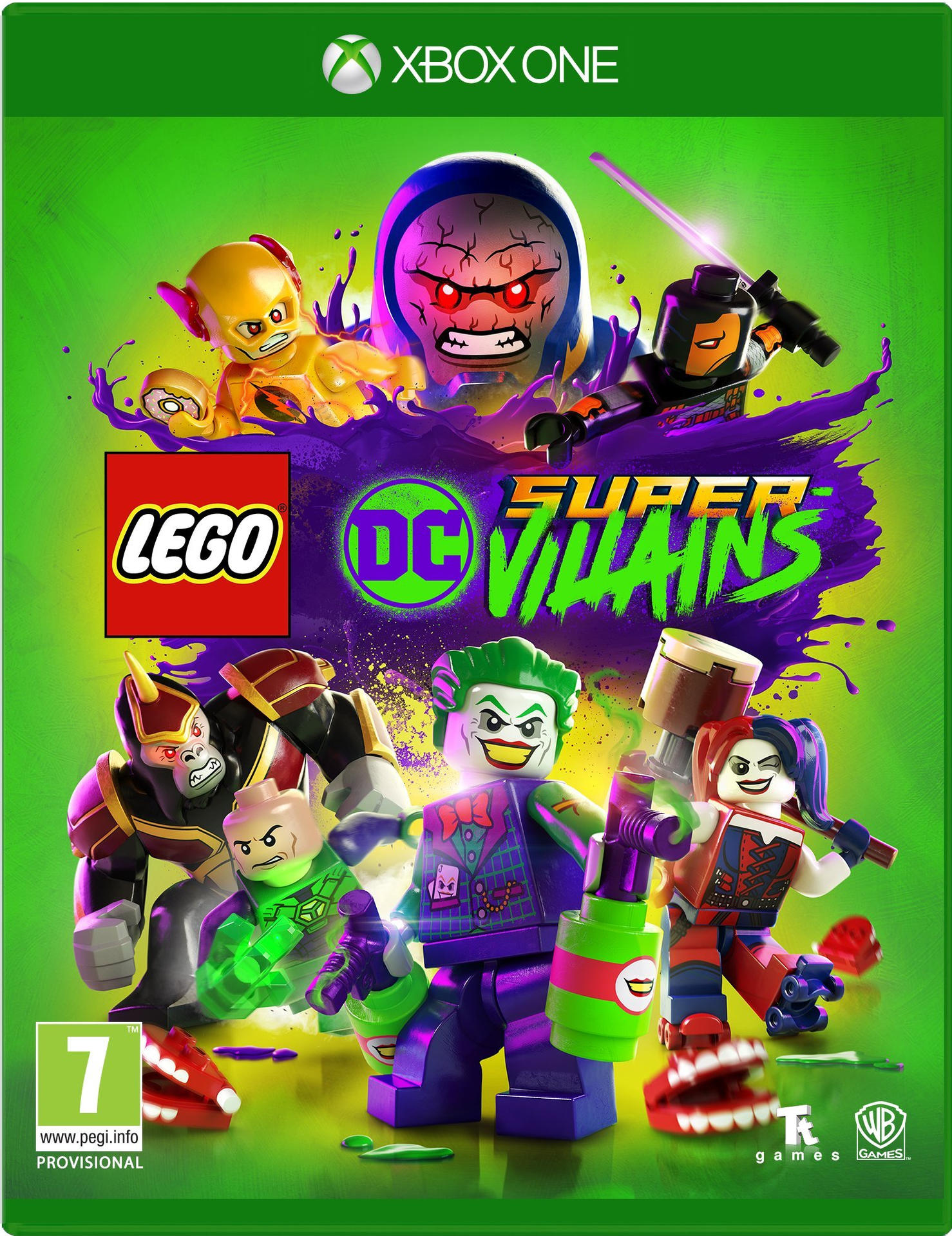 Lego DC Super Villains játékborító a játék karaktereivel és az Xbox One logóval.