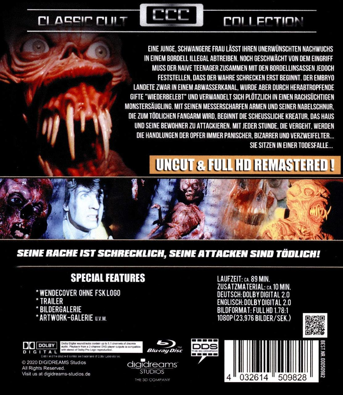 DVD-Rückseite mit Text und Bildern. Enthält Text auf Deutsch mit Bildern von Monstern und einer Filmrolle.