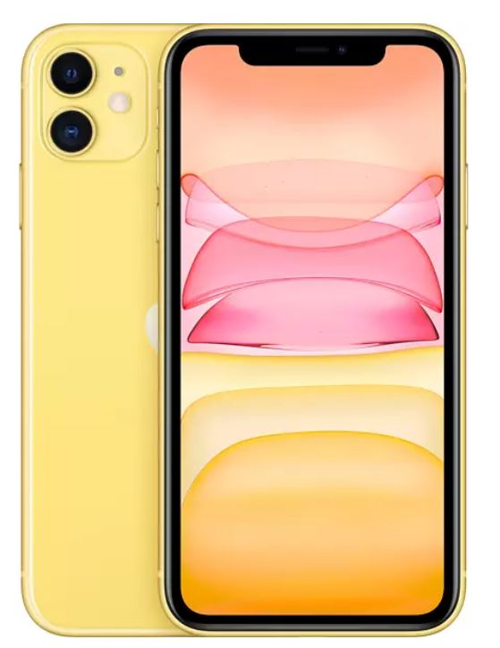 Sarı bir iPhone 11. Arka tarafı sarı ve ekran pembe ve turuncu soyut bir görüntü gösteriyor.