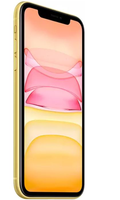 Sarı iPhone 11, renkli ekranla, beyaz bir arka plan üzerinde yandan görünüş.