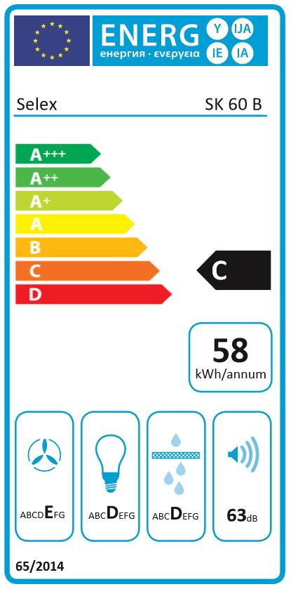 Energiahatékonysági címke egy Selex SK 60 B-hez, C osztály és 58 kWh/év.