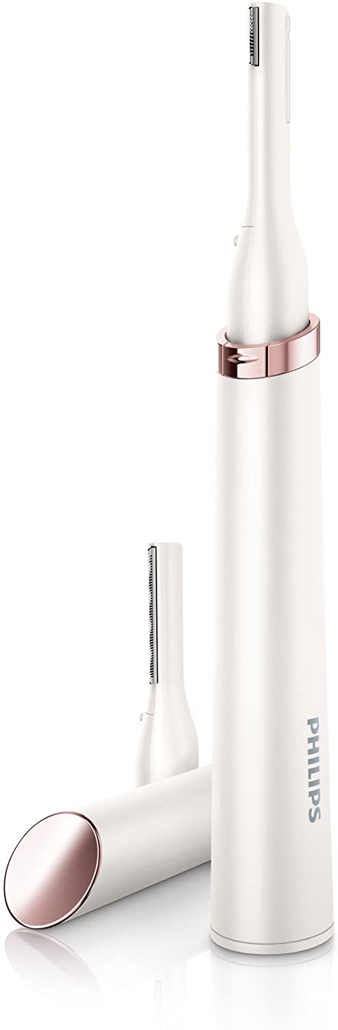 Weißer Philips Gesichtshaartrimmer mit roségoldenen Akzenten und einem zusätzlichen Kopf.