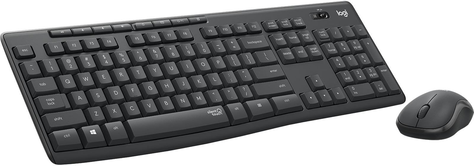 Fekete billentyűzet és egér. A billentyűzeten fehér billentyűk és egy Logitech logó látható. Fehér háttér.