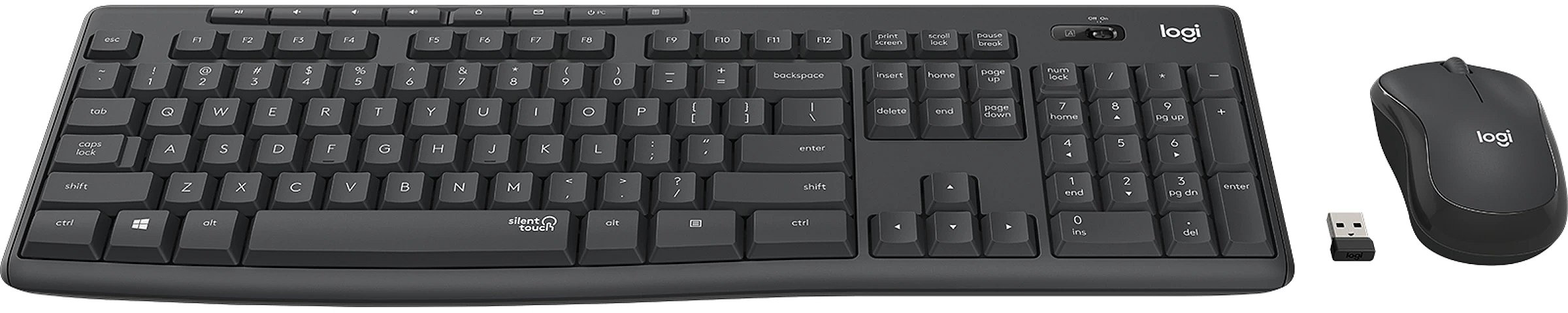 Fekete Logitech billentyűzet, egér és USB vevő fehér háttéren.