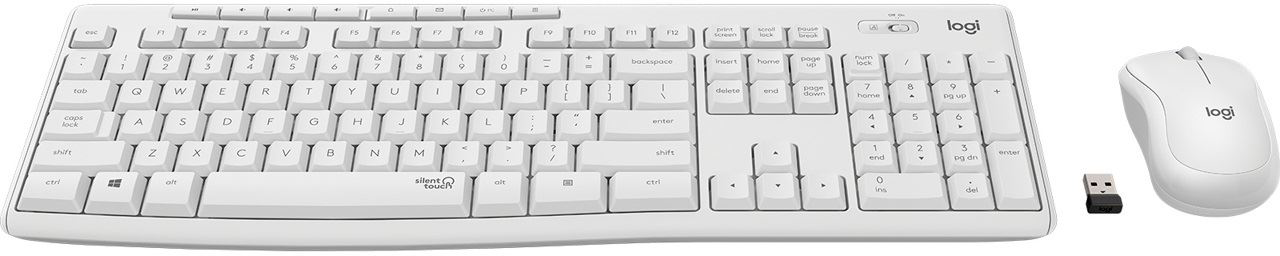 Egy fehér Logitech billentyűzet és egér készlet USB vevővel.