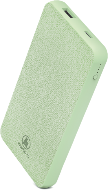 Batterie externe vert clair avec une texture de tissu, en angle, sur fond transparent.