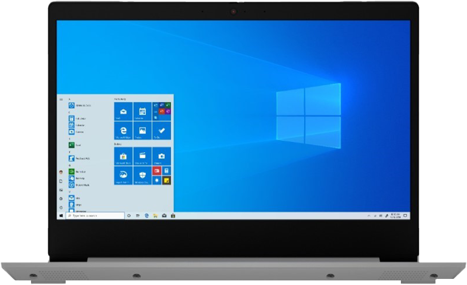 Un ordenador portátil con una pantalla de Windows azul. El portátil es gris, con la pantalla en ángulo.