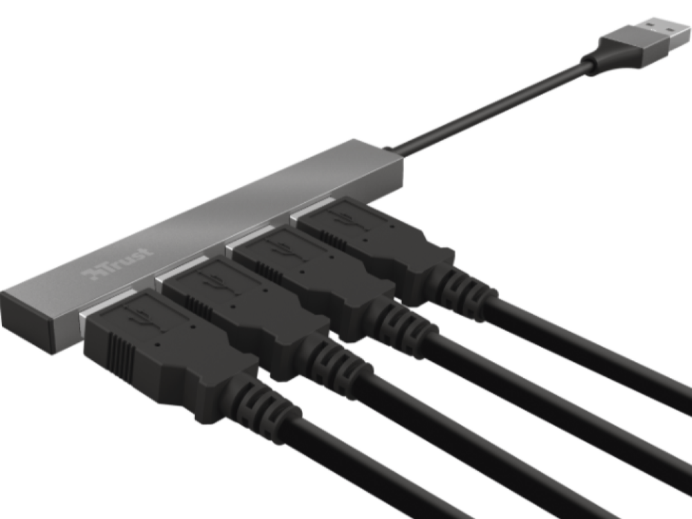 Concentrador USB con cinco puertos USB y un cuerpo plateado, con un cable negro conectado.