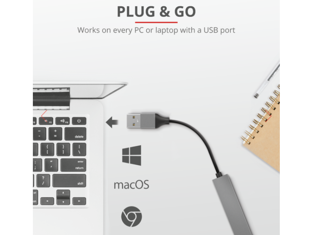 Adaptador USB-C a USB-A conectado a una laptop. El texto dice 'Plug & Go'.