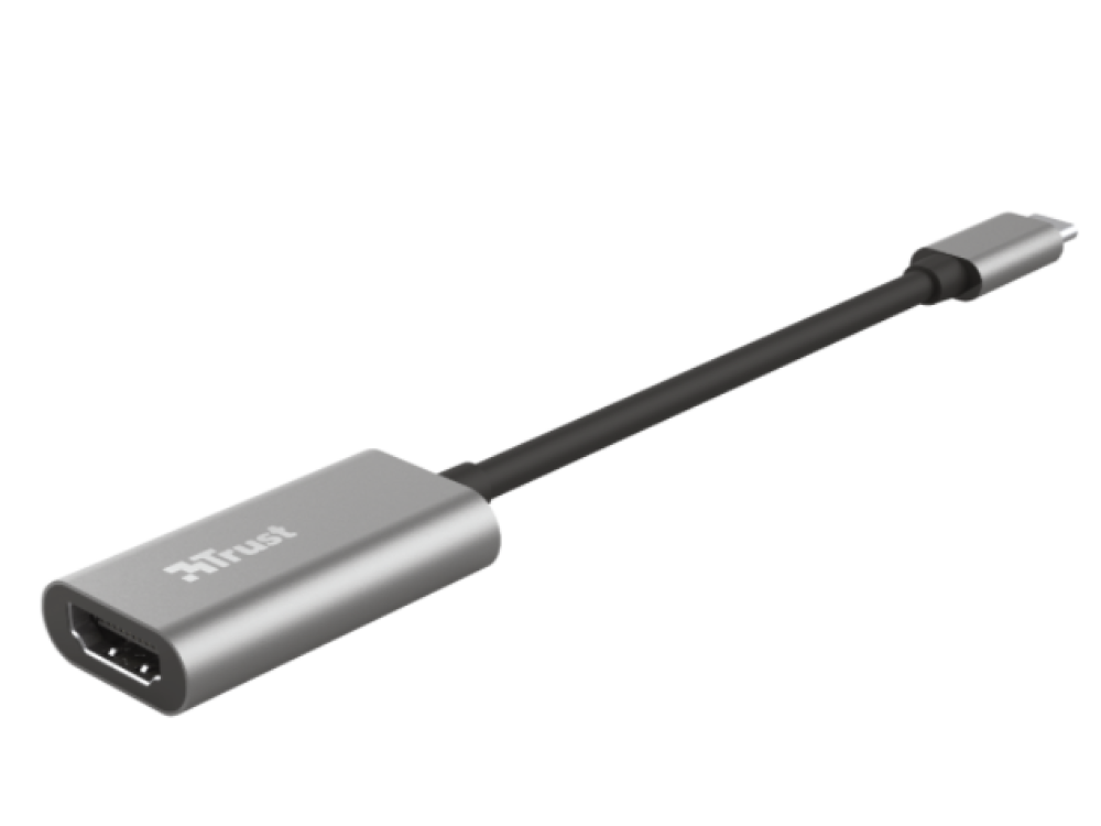 Adaptador HDMI a USB-C plateado con un cable negro. El fondo es blanco.