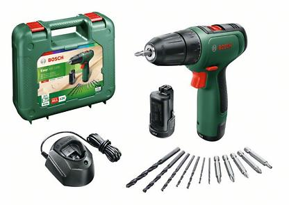 Bosch akkus fúrógép készlet. Fúrót, töltőt, akkumulátort, fúrószárakat és tokot tartalmaz.