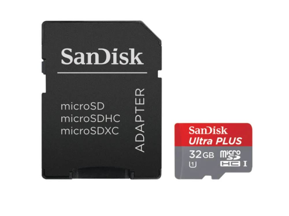 Tarjeta de memoria SanDisk y adaptador. Tarjeta negra con texto blanco y tarjeta roja.