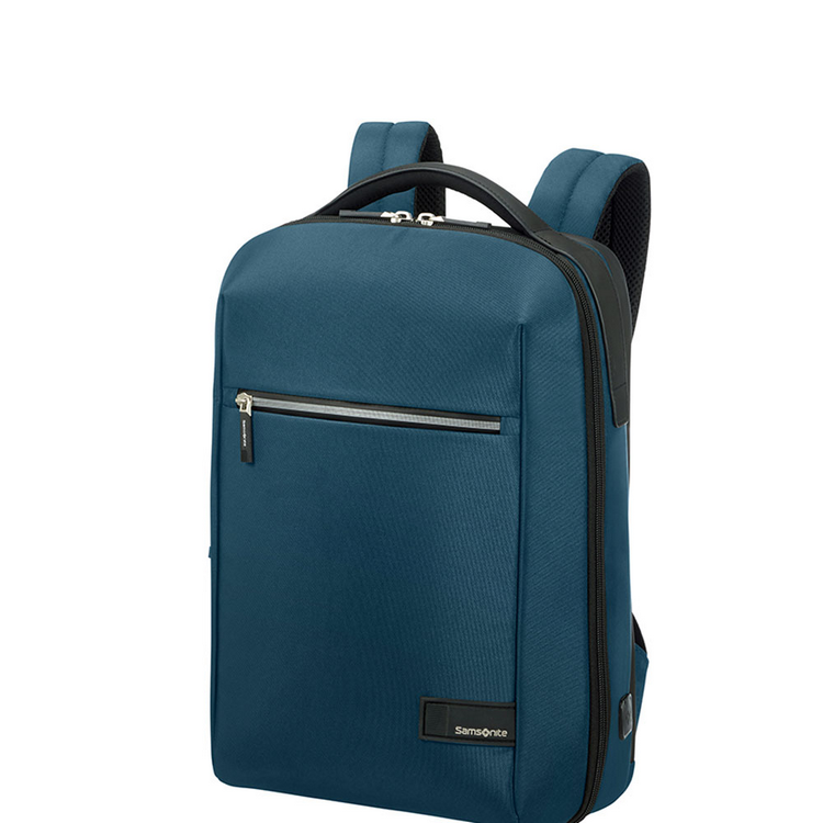 Una mochila azul oscuro con asa y correas para los hombros.