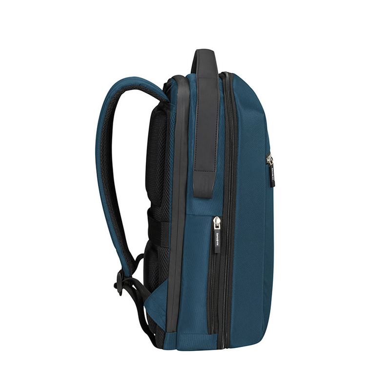 Mochila Samsonite azul, vista lateral, con cremalleras y asa negras.