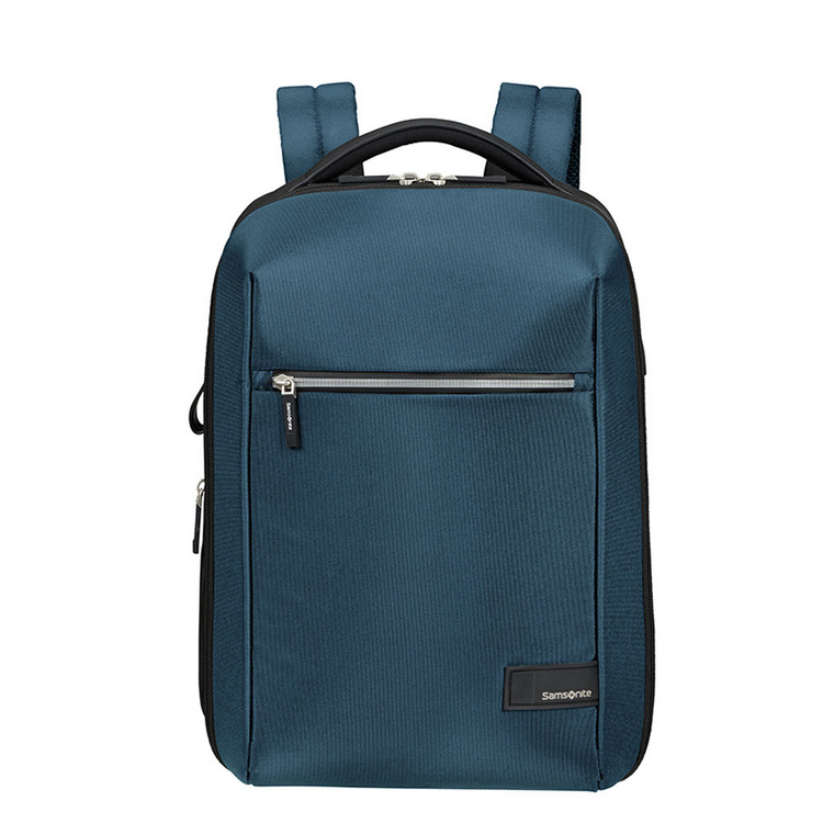 Mochila Samsonite verde azulado con asa negra y bolsillo frontal con cremallera, fondo liso.